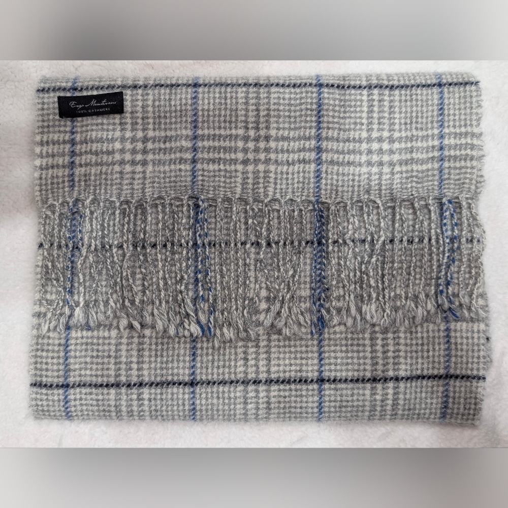 Enzo Mantovani Gray Blue Unisex 100% Cashmere Plaid Scarf Neutral Winter Fall - Picture 2 of 6